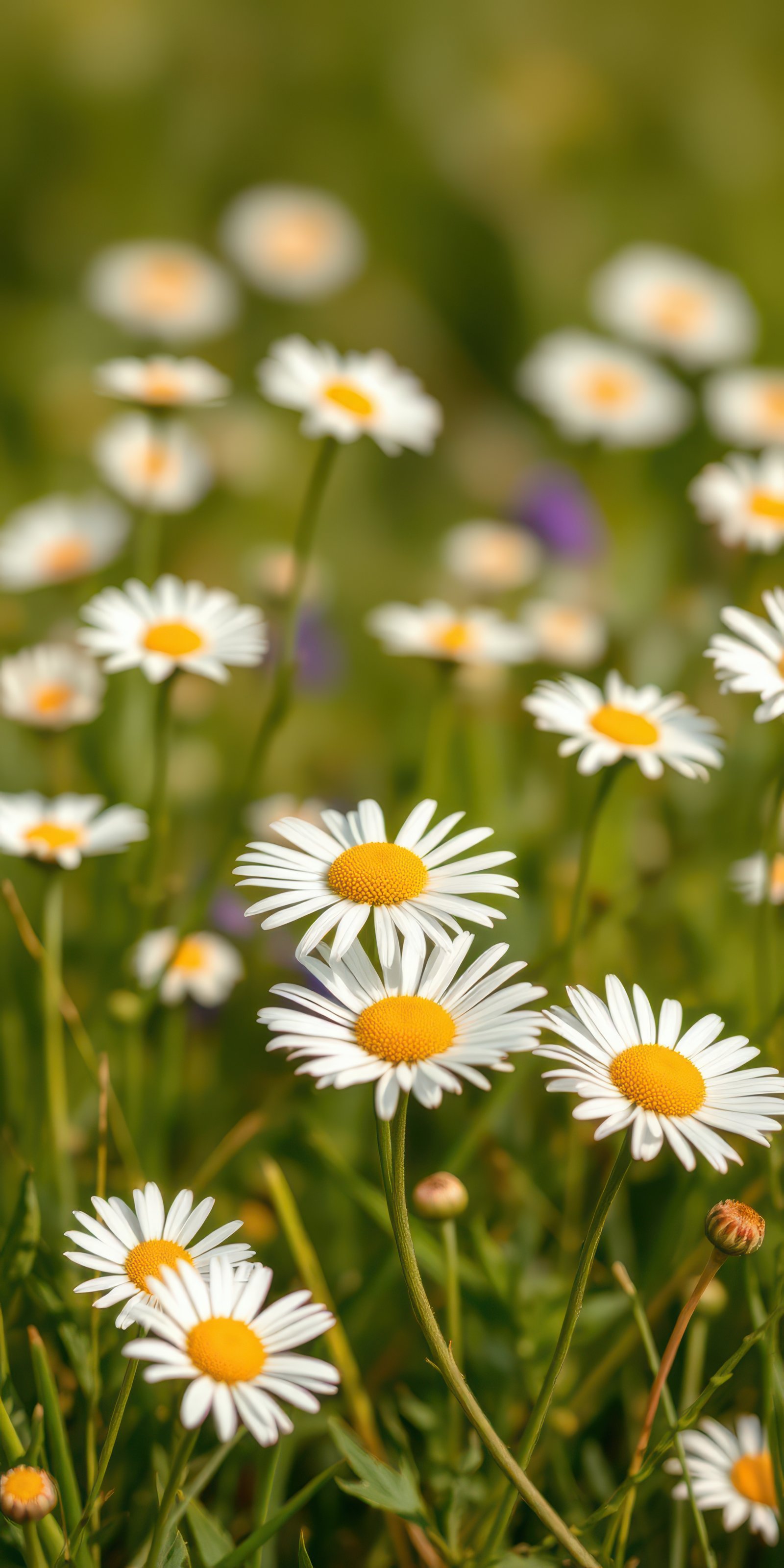 Daisies bloom in a vibrant green meadow under the warm sunlight in springtime